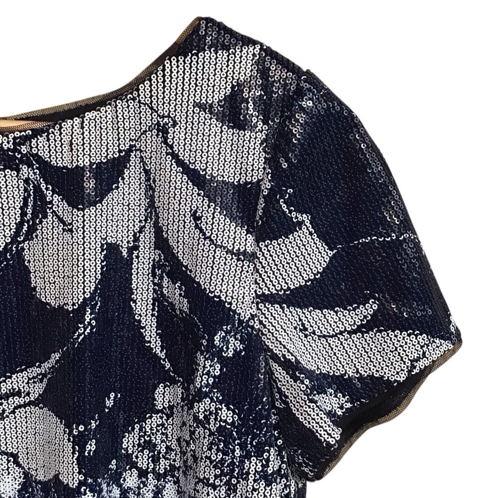 Adrianna Papell Midnight Blue Sequined Floral Peplum Blouse Size 10 - Picture 6 of 10
